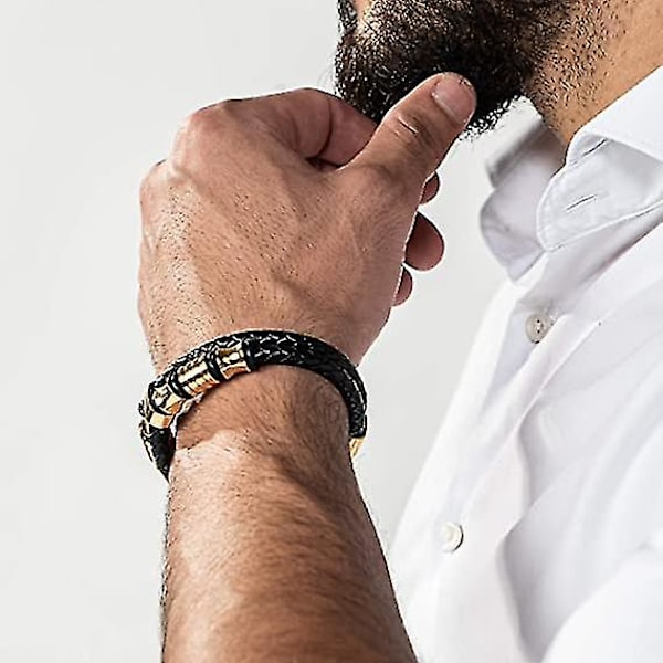 Premium äkta läderarmband för män i svart | Magnetiskt rostfritt stålspänne i guld | Exklusiv smyckeskrin | Perfekt presentidé