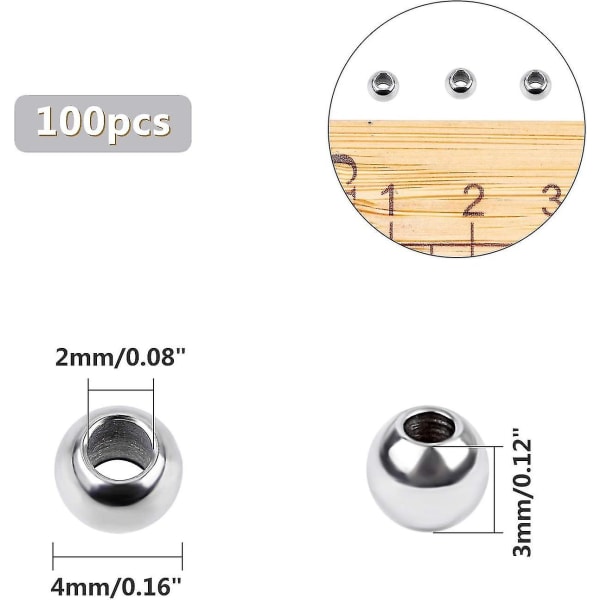 100 stycken små runda pärlor 2 mm små hål kul distanspärlor 4 mm diameter rostfritt stål pärla