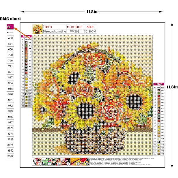 Diy Digital Maling, Solsikke Motiv, Malt På Diamanten Med Krystallsteiner, 30x30cm