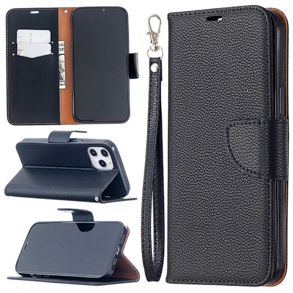iPhone 12 Pro Max - Litchi Etui - Sort Black Svart