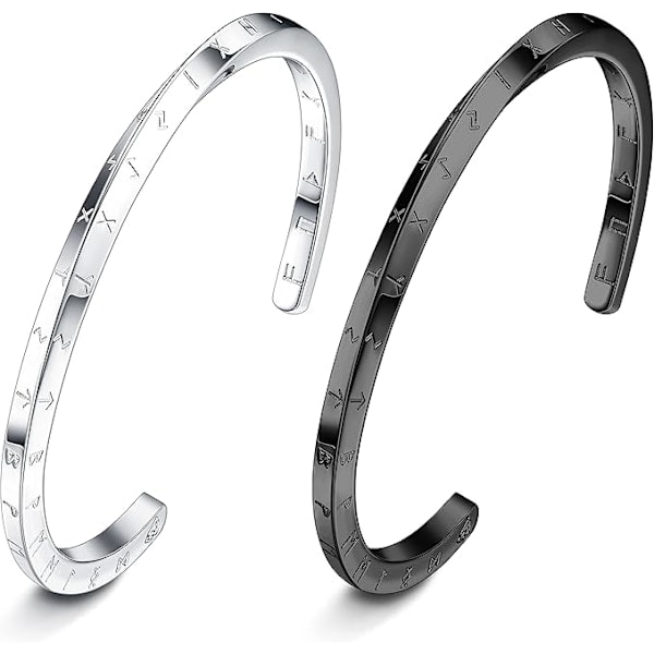2 st Viking Mobius armband i rostfritt stål för män, nordisk amulett armband, silver/svart stelt armband