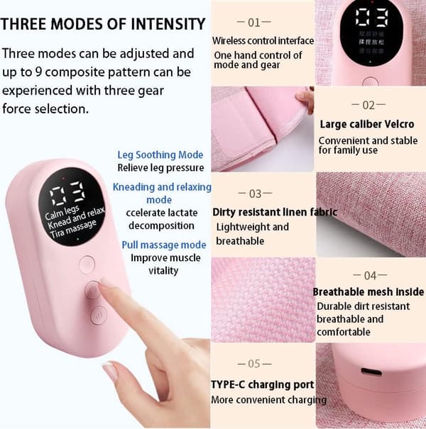 Benmassager med luftkompression, varme, 3 tilstande og 3 intensiteter, trådløs genopladelig til hjemmet, kontoret og rejser, grå
