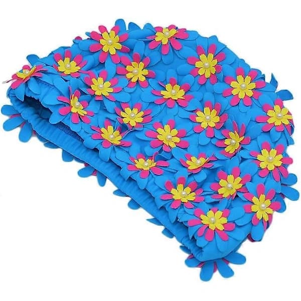 Badmössa med blommönster, retrostil, för kvinnor (Blå)[co]