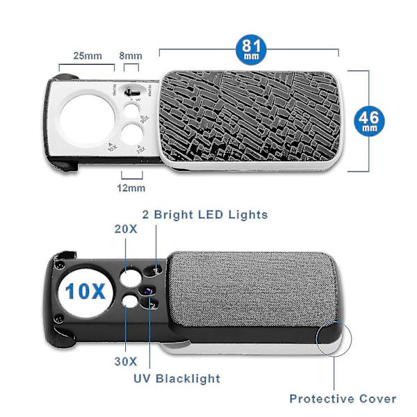 10x 20x og 30x smykkelupe med UV LED-lys, sort