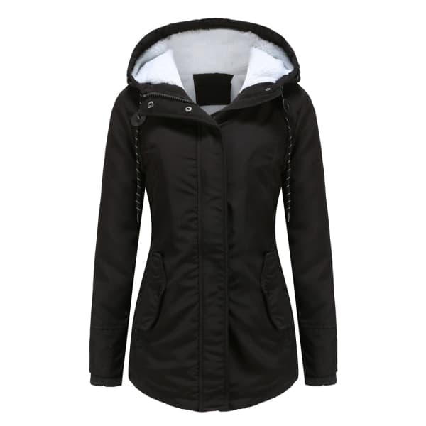 Dame vinter varm sherpaforet jakke Heavy Parka Coat med hætte Sort L