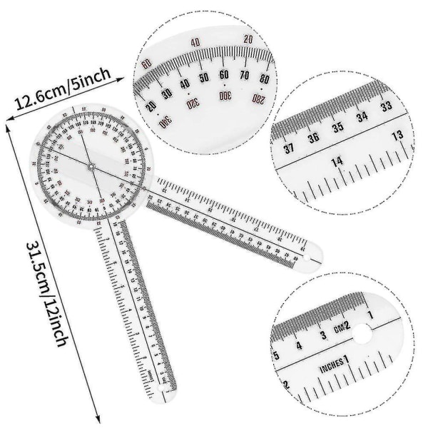 12 tums goniometer, transparent ortopedisk vinkel linjal plast goniometer 360 graders ryggradsgoniometer för kroppsmätning