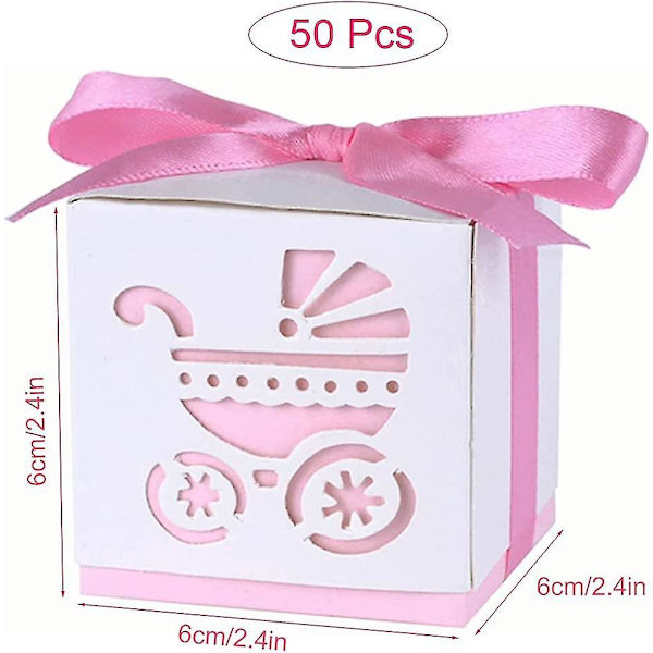 Paket med 50 presentaskar, presentask för nyfödda dop, festpresentaskar, presentask med band i rosa