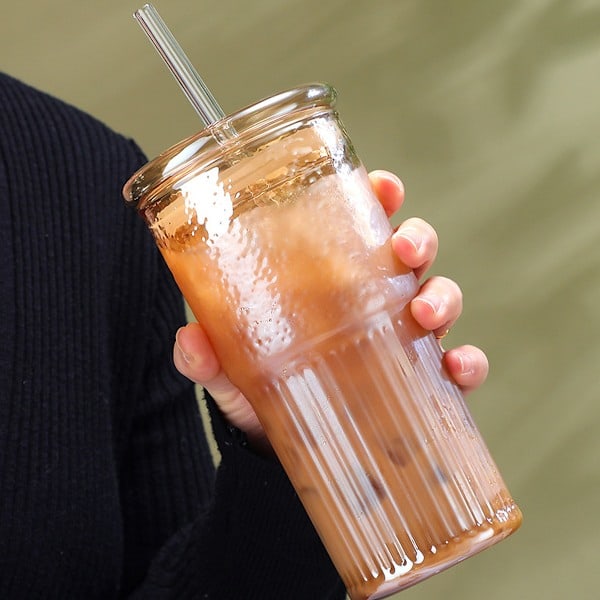 Glasmuggar med lock och sugrör av glas, 590 ml Hög Borosilikatglas Tumbler Iskaffe Vatten Smoothie Stil 2
