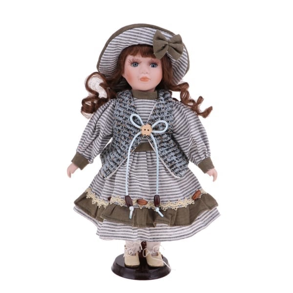 30 cm Vacker Porslinsdocka Figur med Grå Kläder