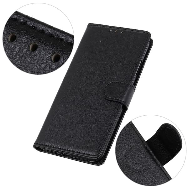 iPhone 12 / 12 Pro - Litchi Læder Etui - Sort Black Svart