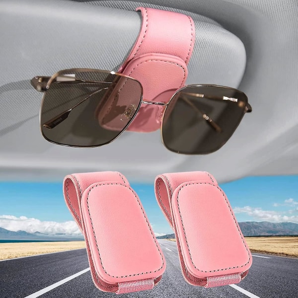 Car Glasses Holder, 2 Pack Universal Magnetic Car Glasses Holder Leather Visor Car Sun Glasses Holder (pink)