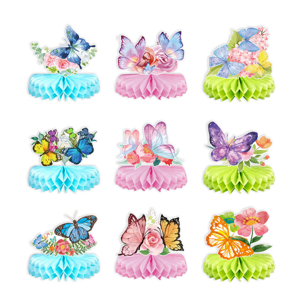 Butterfly Honeycomb Bordscenter - 9 st Bordsöverdrag Cover för flickor Födelsedag Baby Shower Fjärilsfestdekorationer