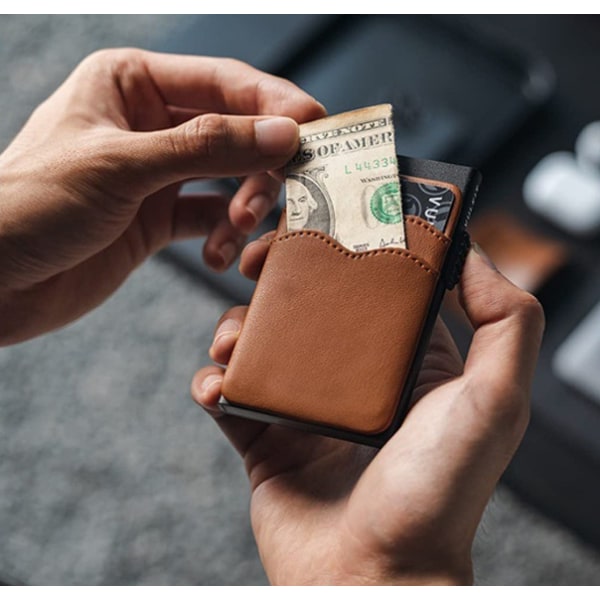 Pop up kreditkortshållare plånbok med extra läderfack RFID-blockerande smalt case för män eller kvinnor