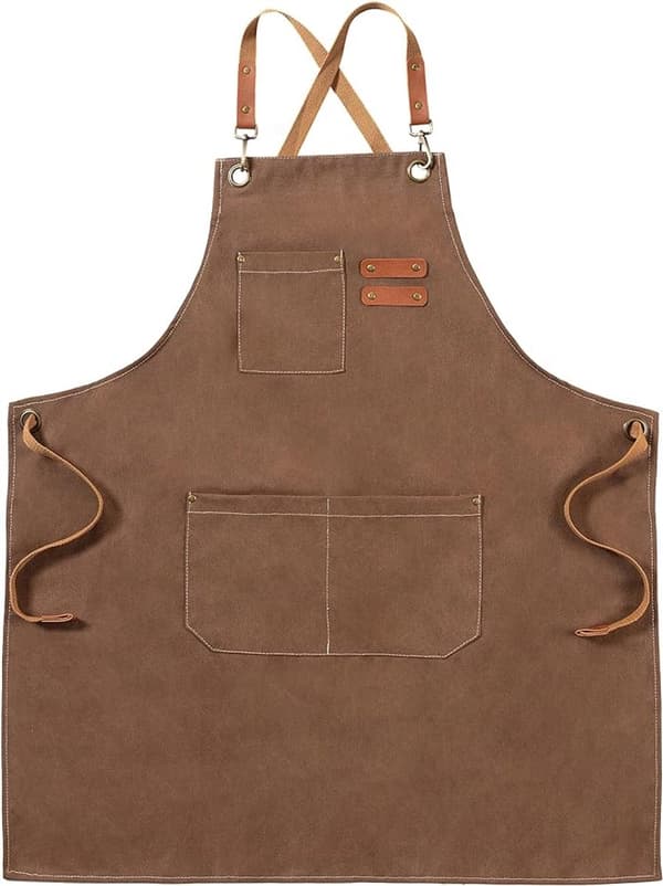 Unisex forkle, polyester bomull, justerbare kryssstropper, 3 lommer, for matlaging, baking og kreativt arbeid, brun, 68 x 75 cm