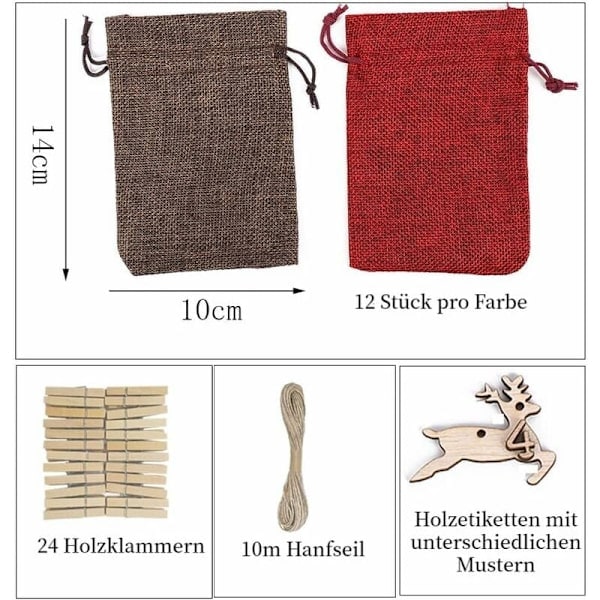 Gør-det-selv adventskalender - Julekalender 2023 til at fylde med adventsnumre - Træetiket - Julegave - Stofpose til mænd, kvinder, børn