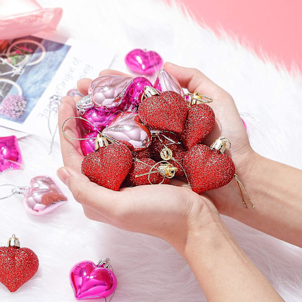 Hjerteformede julekuler til morsdag og valentinsdag, hjerteformede ornamenter til valentinsdagdekorasjon eller hjemmedekor, 24 stykker