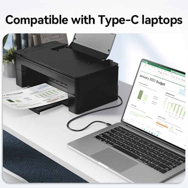 JASOZ 1.5m USB-C - USB Type B 2.0 -kaapeli, musta