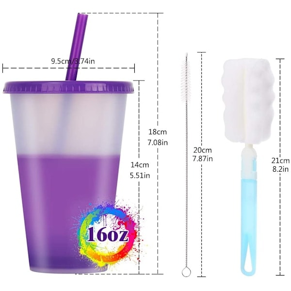 505, 7 Återanvändbara Färgskiftande Muggar med Lock och Sugrör, 473 ml Flerfärgade