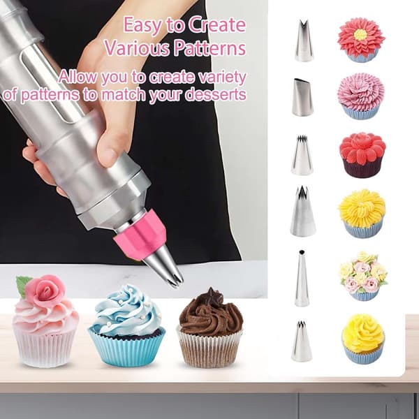 Kakedekorasjonssett, 8-dels sett med sprøytepistol, 6 rustfrie ståltupper og 2 koblinger, for kaker, cupcakes og kjeks, gul
