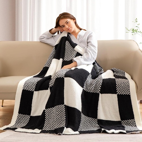 Plaid til sofa Rutet Mikrofiber Fluffy Varm Hyggelig Blød Plaid Vendbar Rutet Tæpper til Sofa, Stol, Seng, 127x152 cm (50x60 tommer) sort