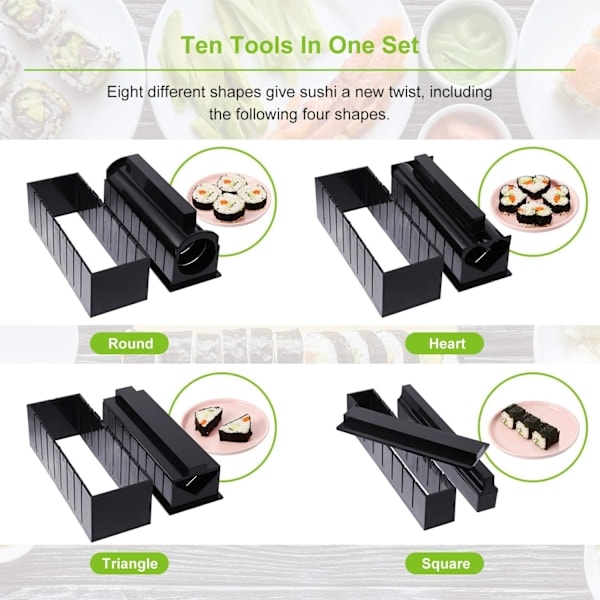 Sushi-sæt til begyndere 10 dele Plast Sushi Maker Værktøj Komplet med 8 Sushi Ris Rulleforme Former Gaffel Spatel DIY Hjem Sushi Værktøj