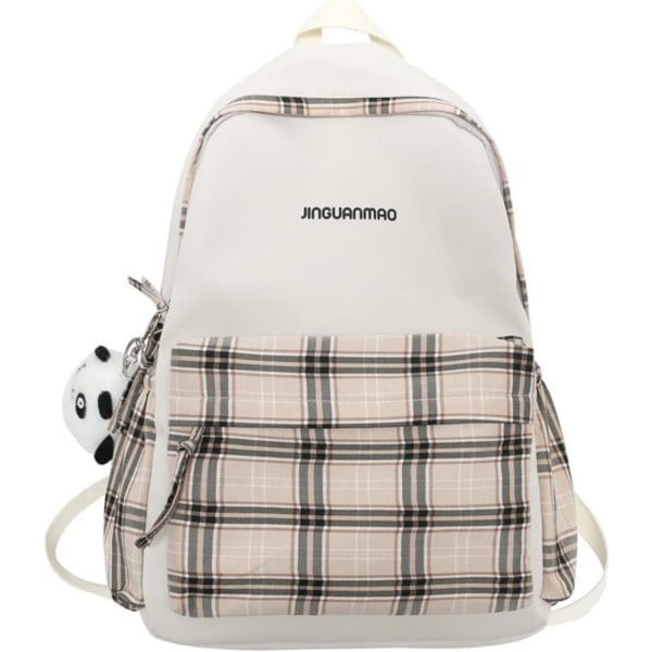 Skoltaske - Ternet rygsæk med 1 gratis sød panda-charm, (Beige)