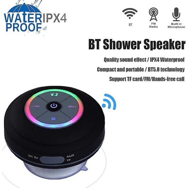 Led Bluetooth -suihkukaiutin FM-radiolla, kannettava langaton suihkukaiutin imukupilla, sisäänrakennettu mikrofoni, vedenpitävä Bluetooth-kaiutin