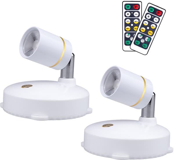 Batteridrevne LED-spotlights med fjernkontroll, dimbar timer, justerbart hode for veggkunst og aksentbelysning, 2-pakning, hvit