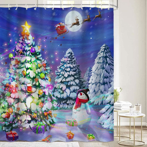 Rolig Jule Dusjforheng Sett, Vinterskog Snømann Juletre Måne Reinsdyr Baderomsgardin Blå Dekorative Stoffgardin 182 x 182 cm