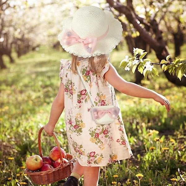 Solhatt och Mini Cross Body Väska Set för Flickor, Blommig Barnstråhatt, Sommarstrand Stråhatt och Mini Plånbok Set med Rosett, Solhattar för Barn ...