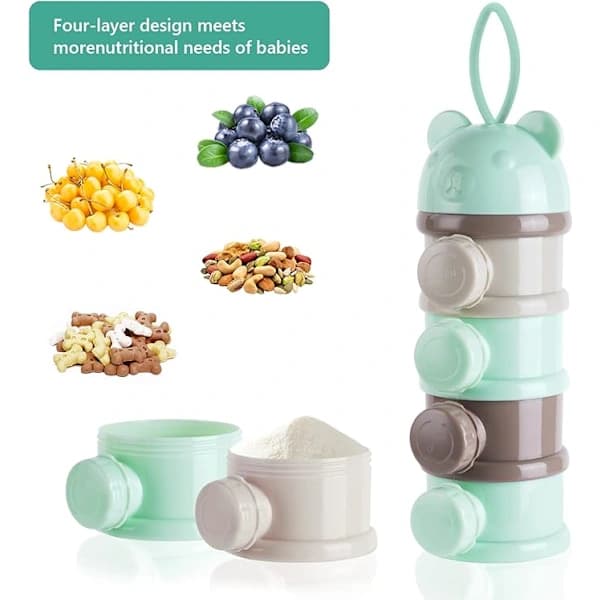 Bærbar formeldispenser med 4 rum, stabelbare PP-beholdere med hældetud til babysnacks og mælkepulver, mintgrøn