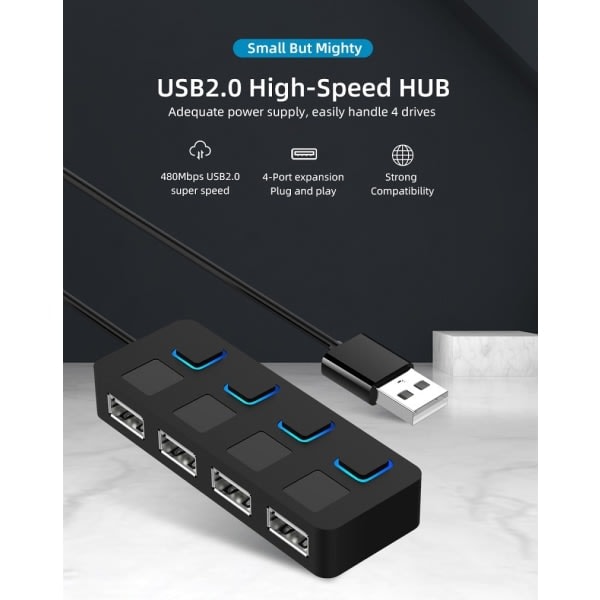 4-porttinen USB 2.0 -datakeskitin yksittäisillä LED-valaistuilla virtakytkimillä [latausta EI tueta]