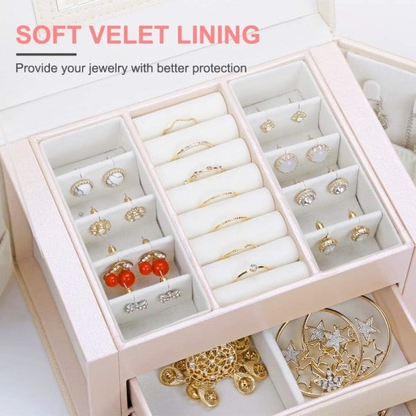 Smykkeskrin Organizer Tre Lag PU Læder Smykkeskrin til Ringe Øreringe Halskæder Armbånd Kunstlæder (nude rosa)
