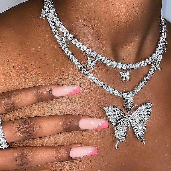 Stort fjärilshänge Halsband Rhinestone Kedja för Kvinnor Flicka Bling Bling Guld Silver Kedja Glänsande Kristall Choker Halsband Smycken Gåvor 2-pack