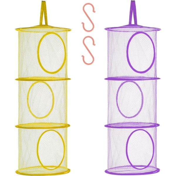Vikbara hängande nätpåsar för förvaring, fack för gosedjur, 2-pack (3-våningar - gul och lila)