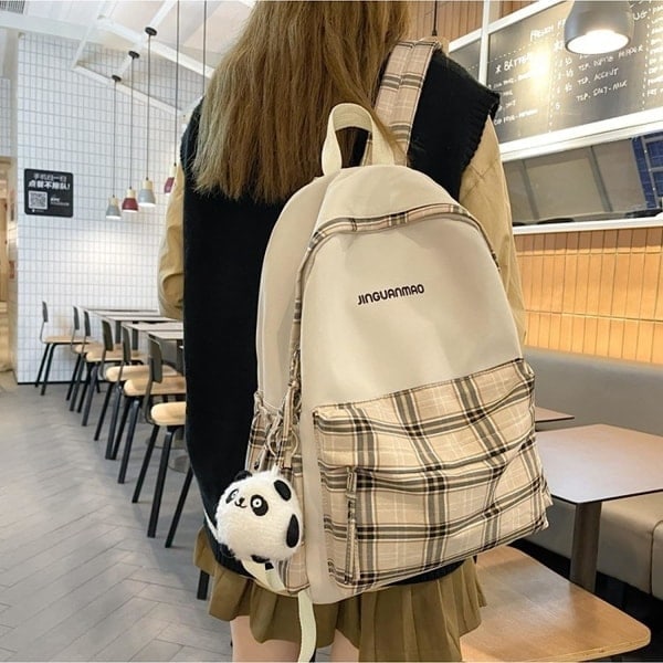 Skoltaske - Ternet rygsæk med 1 gratis sød panda-charm, (Beige)