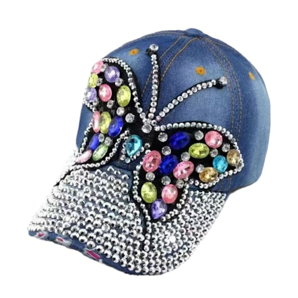 Naisten täysi kristalli värikäs lippalakki Denim kiiltävä timantti solki takana kesähatut Perhonen Design Bling Naisten Baseball Caps （2kpl）