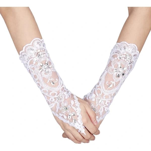 Retro Stil Elfenbensfärgade Spetshandskar för Bröllop Blomma Brud Strass[CO]