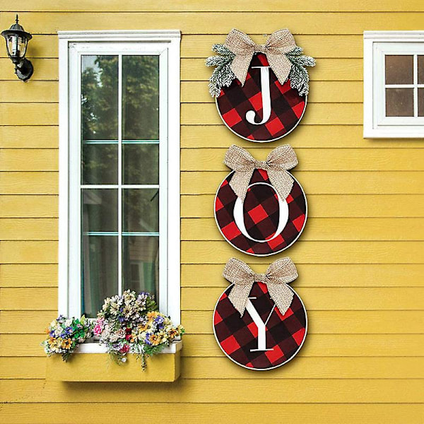Juledekorasjon JOY Veggskilt, Buffalo Check Plaid Krans for inngangsdør Rustikk Burlap Tretre Julepynt