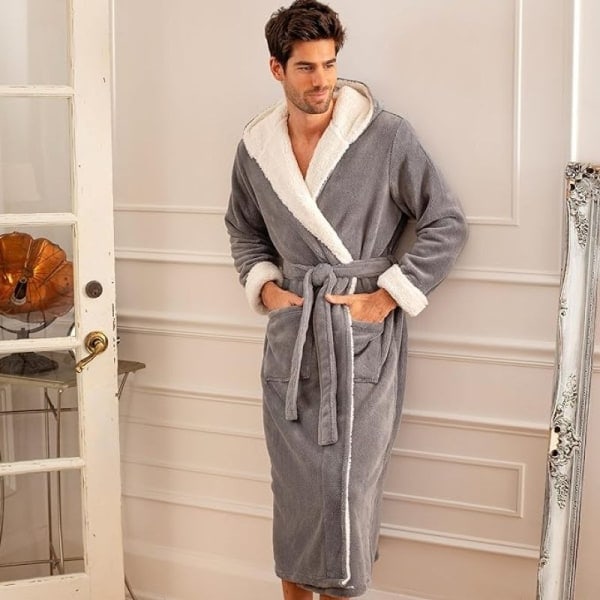 Herre morgenkåbe, Stor og Lang Plys Fleece Hættebadekåbe med To Store Forlommer - 2XL - Badekåbe Hjemmetøj Nattøj