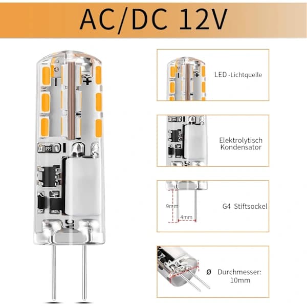 10x G4 LED-lampor 12V AC/DC Varmvit 3000K 2W, Ej dimbar[co]