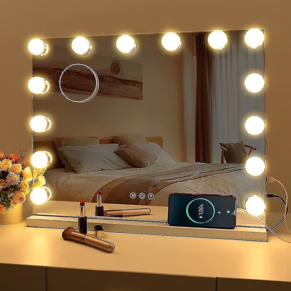 Led-spejl USB-makeup med lys Lighted 10 pærer 3 lystilstande Bordplade vægmonteret kosmetisk spejl (kun lys)