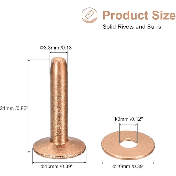 10 set koppar nitar och grader, 10x3,3x21mm massiva läder koppar nitfäste för läder DIY hantverkstillbehör, koppar ton