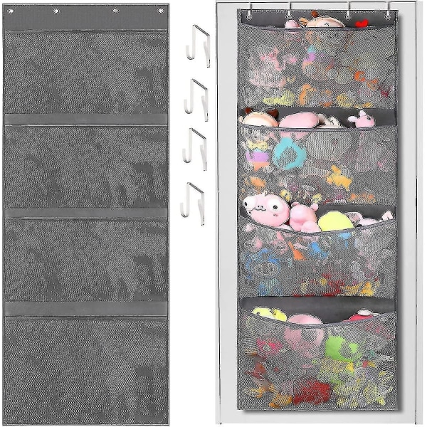 Stuffed Animal Storage Bag Over The Door Stuffed Animals Organizer With 4 Large Pockets Hanging Mesh Bags For Baby Plush Toys Bedroom Nursery Kids Toy