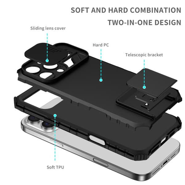 Kickstand-deksel iPhone 16 Pro Kamerabeskyttelse Svart