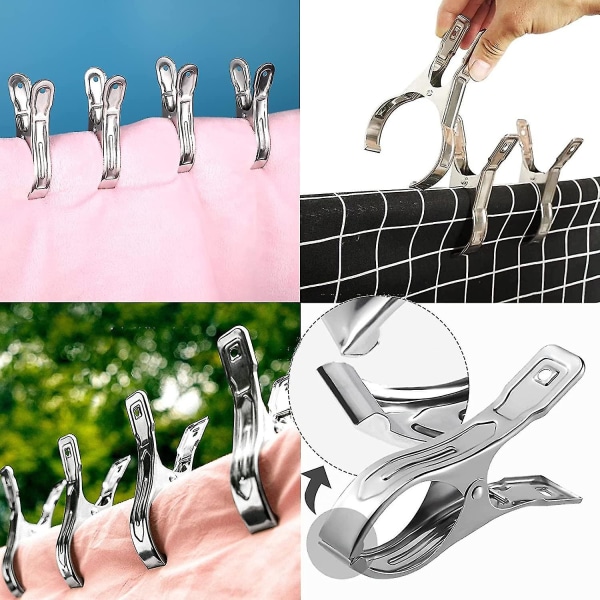 8-pakning 12 cm klesklyper for strandhåndklær, store klesklyper i rustfritt stål for solsenger, klesklyper for klesvask, klesklyper for tunge klær S