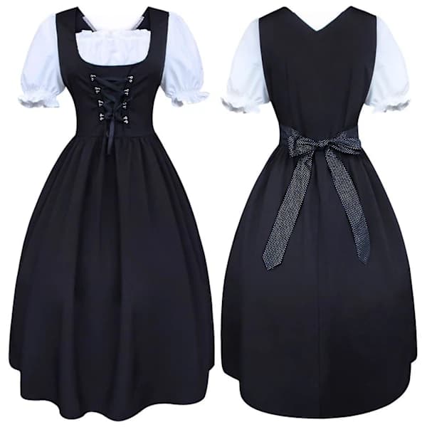 S-5xl Dame Midi Dirndl Kjole 2-delt Med Forklæde Og Bluse Sort Hvid S[CO]