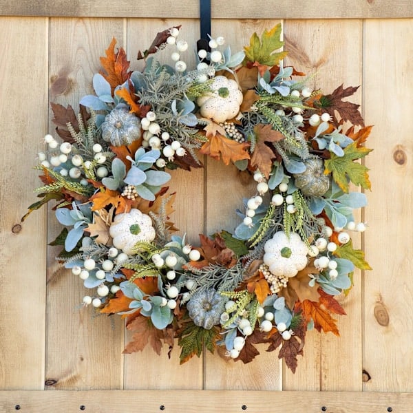 20 tum Thanksgiving höstkrans, eukalyptus, bär, pumpor, lammöron, höstkransar för ytterdörren