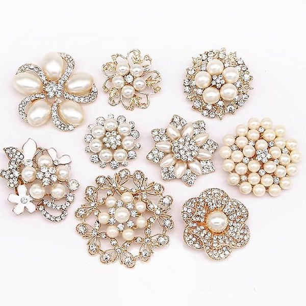 Parti 9 st roséguld-tonade strass broscher, stort pärlkristall bröllopsbukett kit set