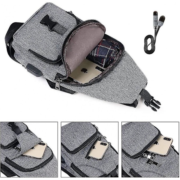 Herr Crossbody Bag, Bröstväska Med Usb-laddning Och Hörlursport, Reseryggsäck, En Storlek, Grå
